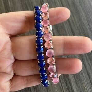 Blue Pink Rhinestone Cupchain Stretch Bracelet Pair Boho Sparkly Vintage Set